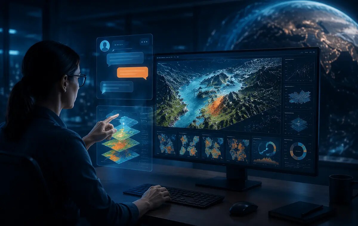 Analista che utilizza intelligenza artificiale conversazionale per il GIS